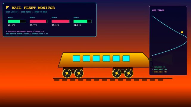 Predictive maintenance software interfaces display real time train diagnostics with moving locomotive silhouettes showing sensor data and graphical gps track routes against deep orange sunset lighting