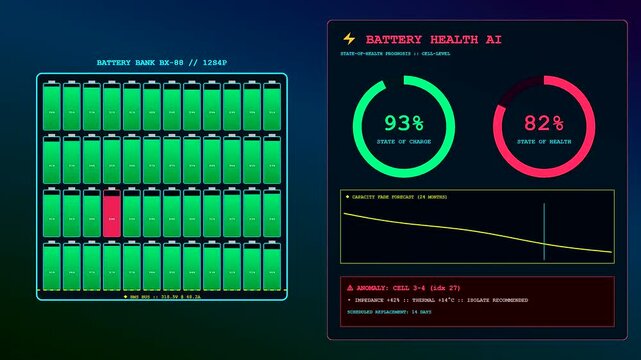 Predictive maintenance monitoring interface showing battery grid status with changing voltage values and capacity trends displayed as dynamic digital visual charts on a dark interface screen