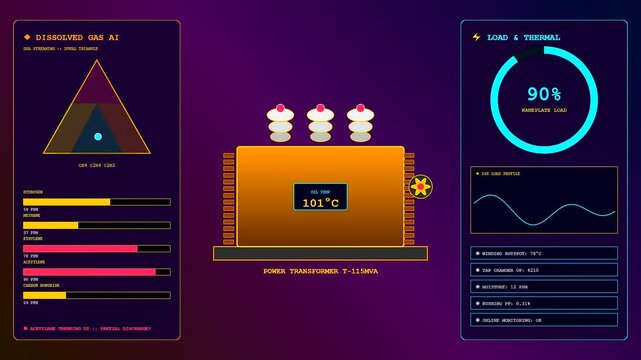 A digital predictive maintenance interface displays three energy transformer systems with fluctuating thermal data and gas sensor readings shown on a vibrant dark purple computer monitor