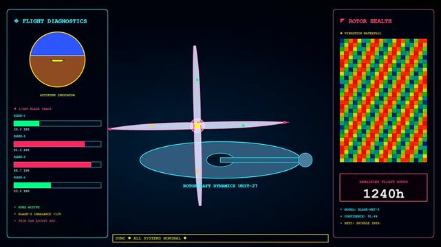 A predictive maintenance display shows rotor health diagnostics and rotating blade metrics on a dark digital interface screen to monitor mechanical status for aviation safety flight