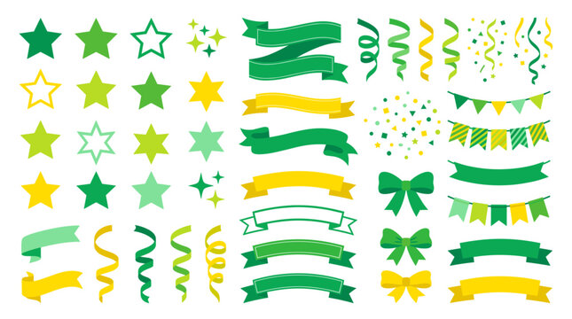 Colorful St Patrick Day Vector Decorations Set with Ribbons Bows Stars and Swirls