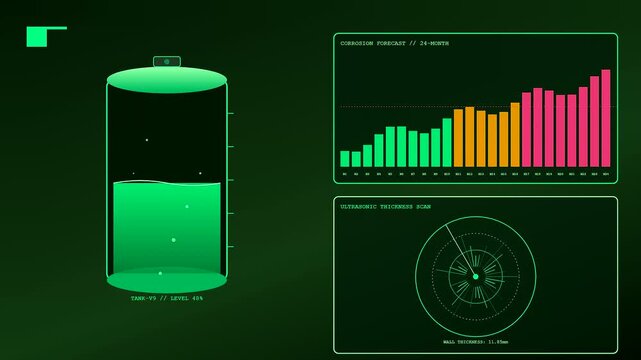 Predictive maintenance monitoring interface showing fuel levels in industrial storage cylinders with changing bar charts and circular radar scans shown in a digital dark green environment