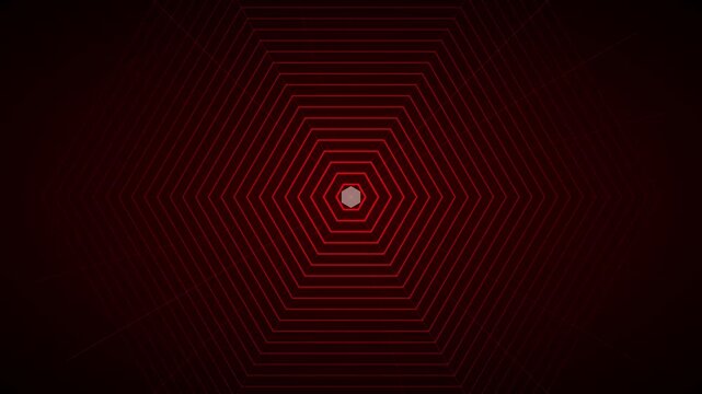 Red hexagon tunnel motion background, pulsing geometric pattern, abstract digital technology loop, glowing concentric shapes, animation 4k