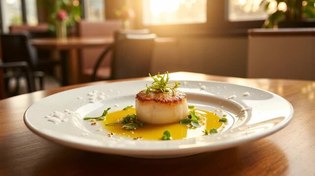 A white plate with a cooked seafood dish, garnished and ready for serving on a table at a restaurant.