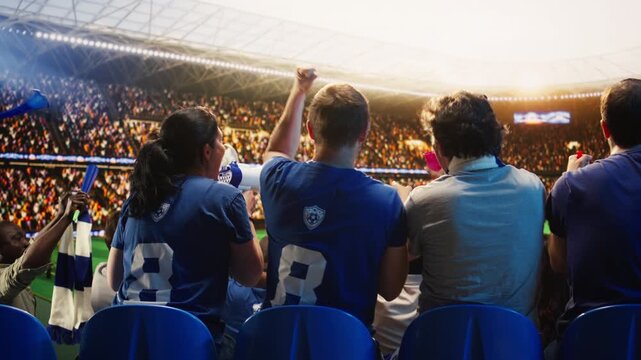 Cheerful football supporters waving scarves in stadium stands during emotional match celebration, showing ecstatic fans in sports arena jumping up and down after winning soccer competition.