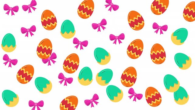 Patterned orange and green easter eggs with magenta ribbon bows on a clean white background. Perfect for easterthemed designs.