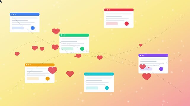 Social media engagement concept with floating browser windows and hearts animation 4k digital marketing