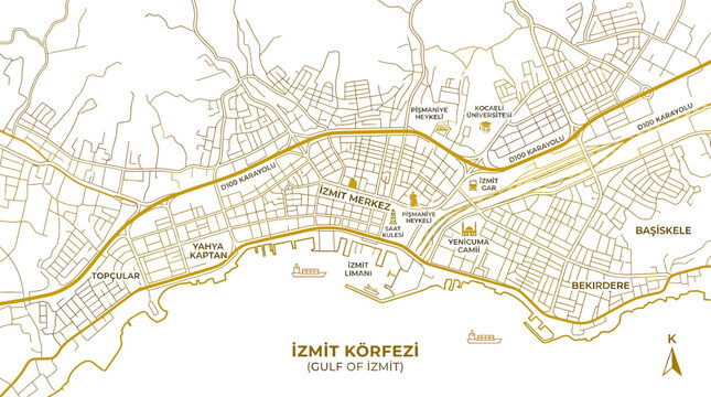 Izmit Gulf Map: Detailed City Plan with Roads, Coastline, and Landmarks