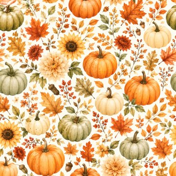 Seamless watercolor autumn pattern with pumpkins, fall flowers and maple leaves.