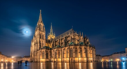Obraz premium Grand cathedral illuminated against night sky with full moon