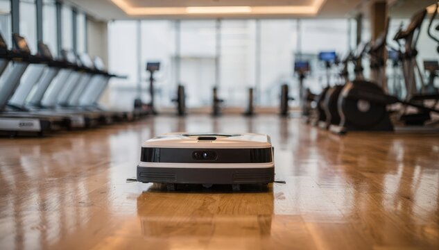 Focused view of a floormaintenance robot navigating a spacious gym during offhours blurred treadmills and elliptical machines framing the scene.