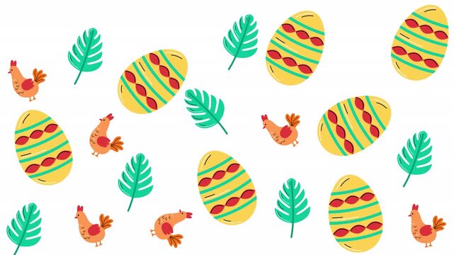 Patterned easter eggs with green tropical leaves, small orange farmyard chickens motif. Suitable for easter decorations, stationery, and textile design.