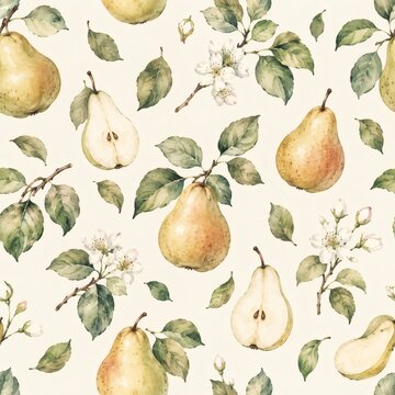 Seamless watercolor pear pattern with botanical leaves and white blossoms.