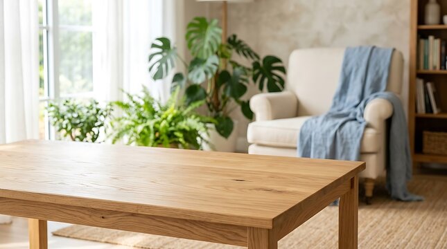 Empty wooden table surface in bright modern living room interior background for product placement or mockup display
