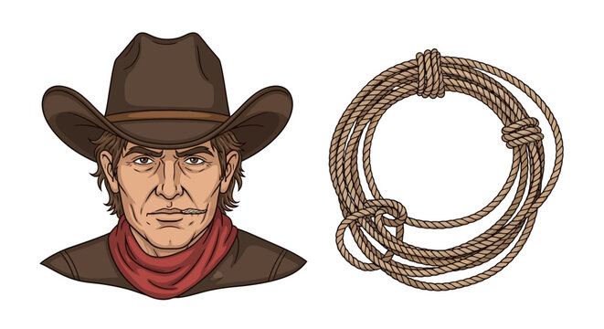 Cowboy with hat and lasso rope.