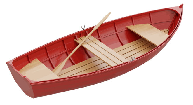 Vector illustration of red wooden rowboat with oar on a transparent background