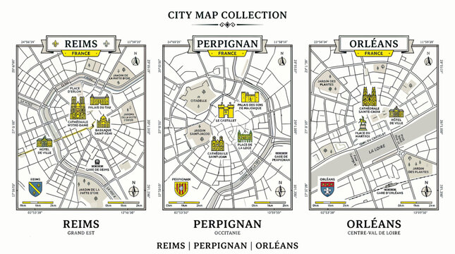 City Map Collection: Reims, Perpignan, Orleans - France