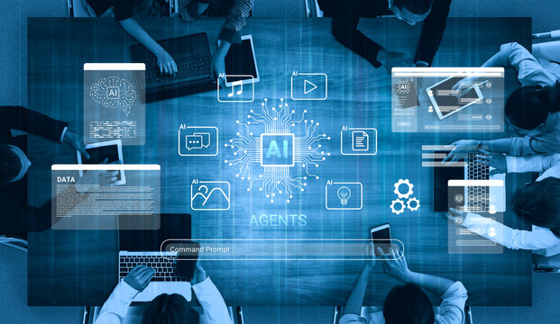 Engaging meeting showcasing artificial intelligence themes, digital interfaces, and collaborative professionals brainstorming innovative technology solutions in a modern workspace. Cyphers