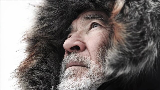 A man with a long beard and grey hair looking contemplative against a blurred background.