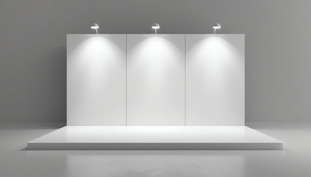 3D exhibition booth. White empty promotional stand with desk. Vector white empty geometric square. Presentation event room display. Blank box template