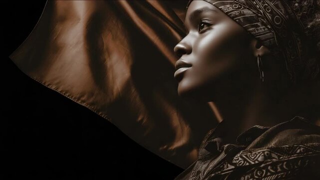 A woman's face set against a shadowy backdrop, gazing off into the distance with deep thoughtfulness.