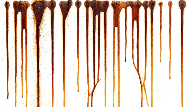 Abstract white background with vertical dark brown and orange rust drip streaks
