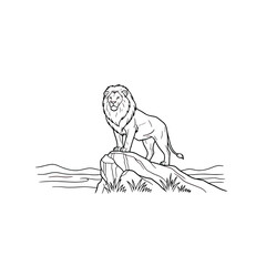 Obraz premium A lion standing on a rock in savannah landscape with grass