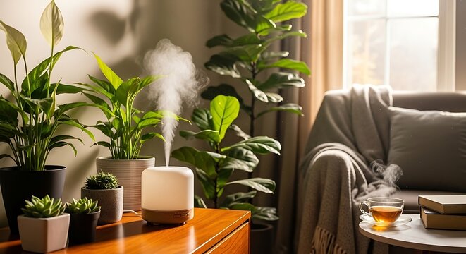 Home aromatherapy diffuser misting among green houseplants and tea cup cozy interior