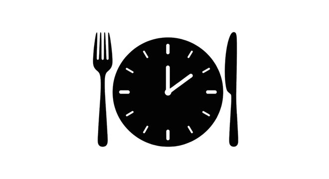 Vector illustration of meal time icon with clock plate fork and knife silhouette on a transparent background
