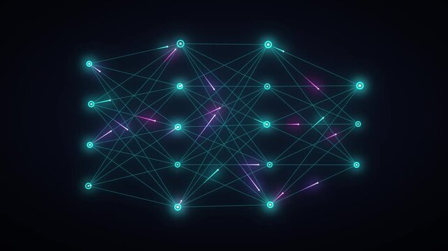 Structured deep learning neural network animation with flowing data signals, ideal for algorithm visualization, AI architecture, and tech educational videos.