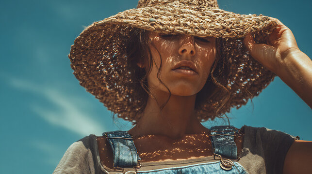 She wear faded overall wide brimmed straw hat shielding her face sun's intense radiance clean professional stock photo sharp macro photography style cinematic realism ultra photorealistic no text no