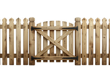 Obraz premium Wooden picket fence with rustic garden gate and metal hinges, creating a boundary or entrance, isolated on transparent background