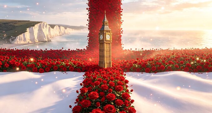 United Kingdom symbolic design with Big Ben, red roses and White Cliffs of Dover