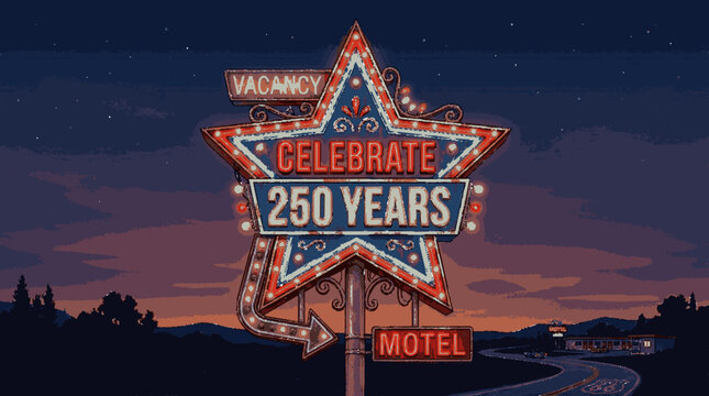Retro star shaped motel sign displaying celebrate 250 years under night sky