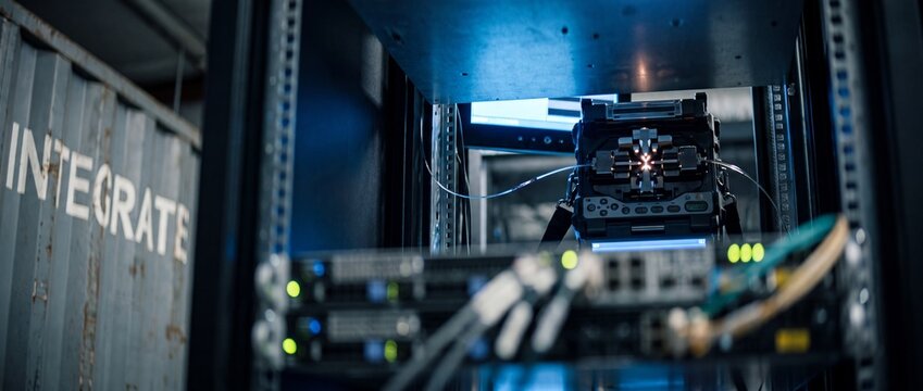 Fiber optic fusion splicer machine splicing optical cables in a server rack of a modern datacenter, high-tech telecommunications network installations, concepts of system integration and network cabli