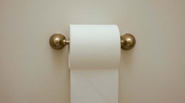 Roll of clean white toilet paper hanging on a brass metal holder mounted on a plain wall.