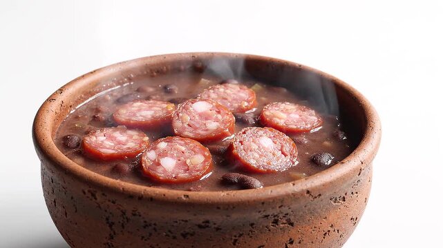 Hot steaming bowl of feijoada with sliced sausage on white background