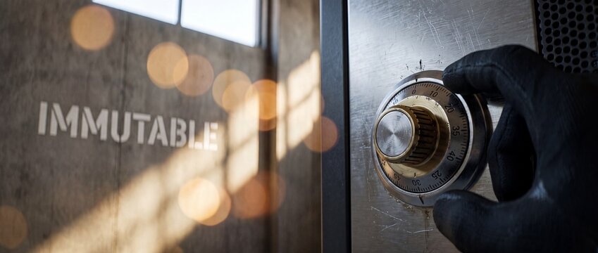 Safe combination lock dial hand turning steel vault code door for financial data security, protection, robbery concept with blurred immutable text background representing cyber protection.