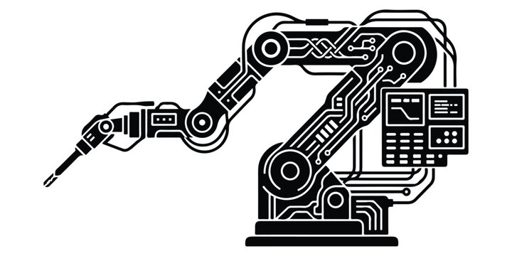 Black robotic arm with circuit board design on white background