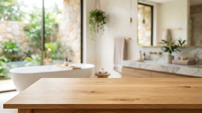 Empty wooden table top with blurred luxury bathroom background for product mockup presentation and interior design.