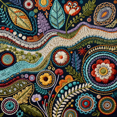 Fototapeta premium Hand Embroidery Fantasy Landscape Art, Layered Curved Thread Hills, Lakeside City Buildings, Dotted Circular Floral Motifs and Delicate Stitched River