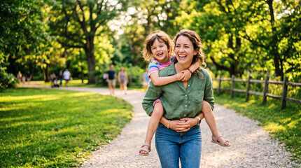 Fototapeta premium Happy Mother Giving Daughter Piggyback Ride on Park Path
