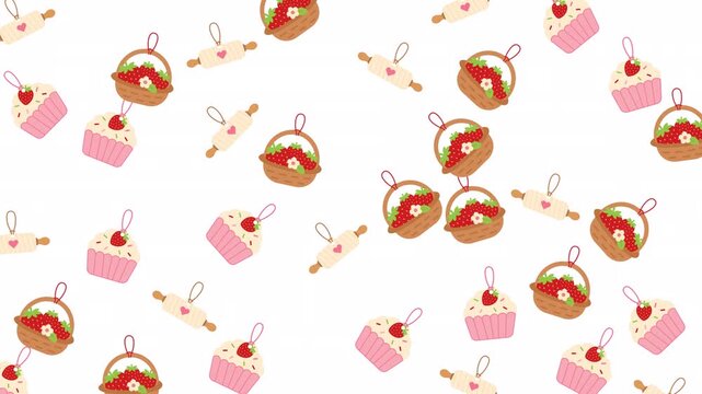 Cute cupcakes strawberry baskets wooden rolling pins pattern background sweet baking themed illustration. Suitable for bakery, food, and kitchenrelated designs.