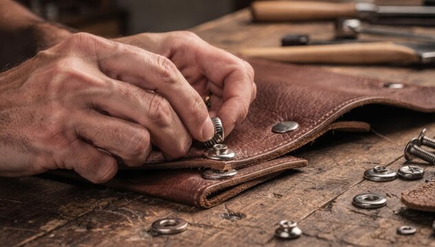 Closeup medium shot of hands positioning snaps on leather pieces with a rivet setter showcasing detailed craftsmanship.