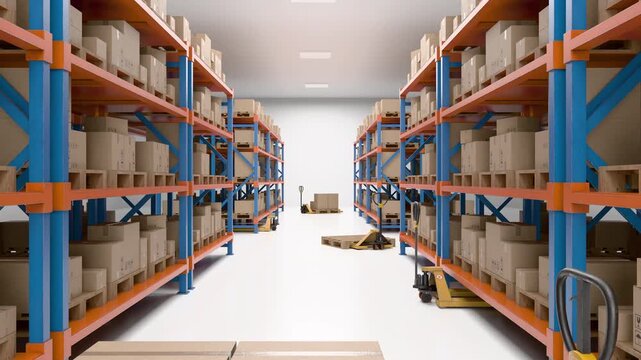 Warehouse interior with rows of storage racks, cardboard boxes on wooden pallets, and pallet jacks