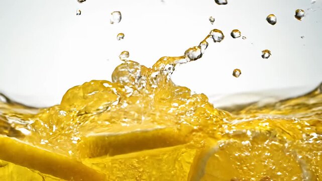 Fresh lemon slices splashing into yellow citrus juice.
