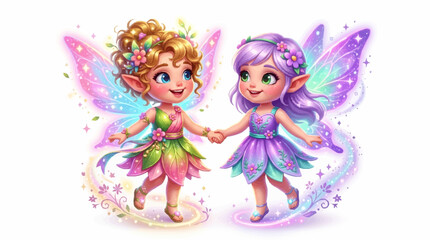 Fototapeta premium Two fairies holding hands in a magical 3D vector illustration