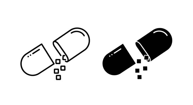 Vector illustration of open medical capsule pill with powder or small granules inside on a transparent background
