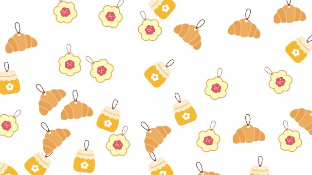 Great for bakery menus, greeting cards, food blogs cheerful pattern of croissants, cookies, honey jars for festive designs.