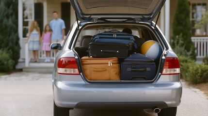 Fototapeta premium Silver station wagon filled with suitcases and beach gear